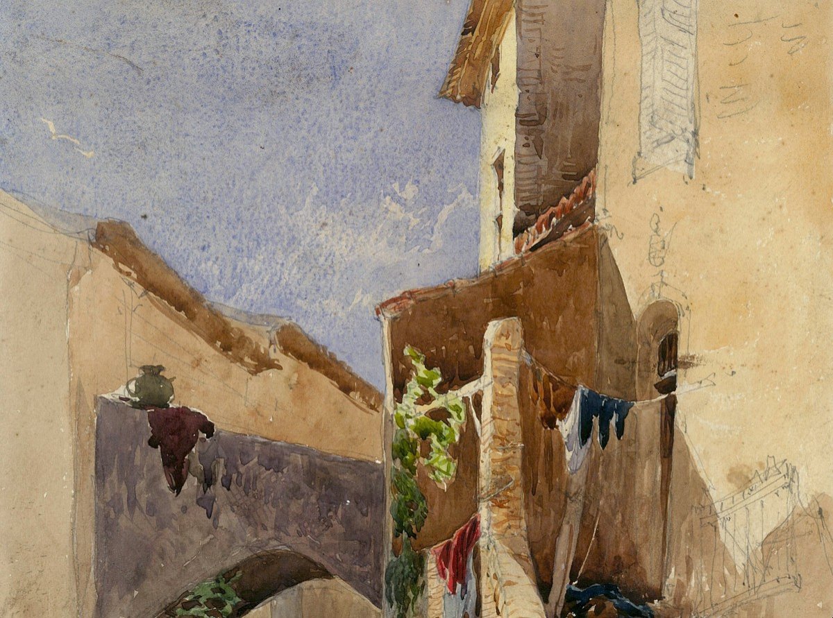 Papety Dominique (1815-1849) "house And Alley In The South Of France" Watercolor, Signed, Dated-photo-2