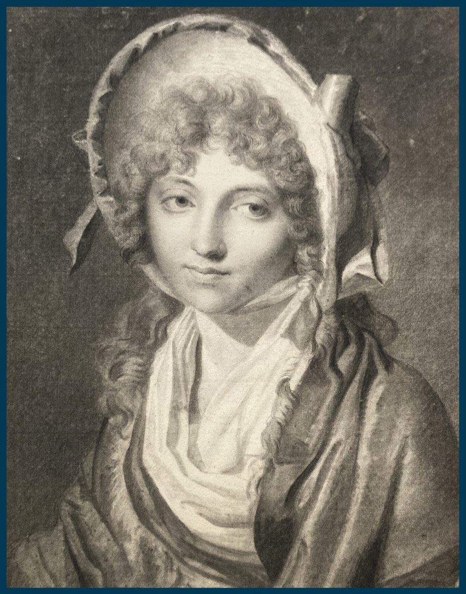 French School Circa 1800 "young Woman With A Hat" Black Pencil Drawing, Frame/cartouche Boilly-photo-2