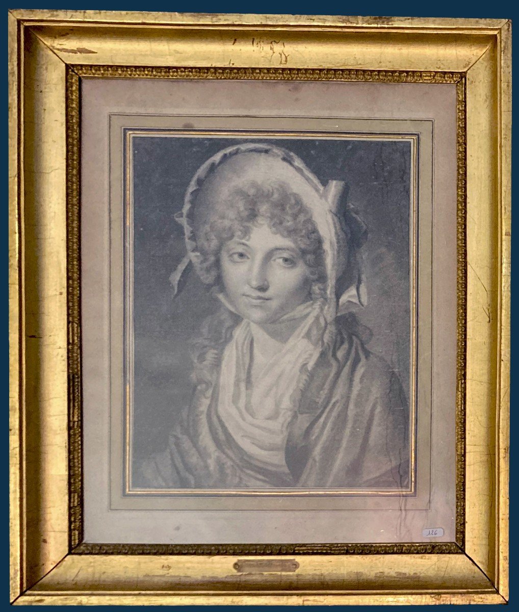 French School Circa 1800 "young Woman With A Hat" Black Pencil Drawing, Frame/cartouche Boilly