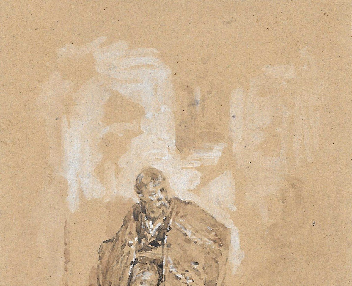 Doré Gustave (1832-1883) "beggar And Little Girl" Drawing/gray Wash, Signed, Beggars Of Burgos-photo-2