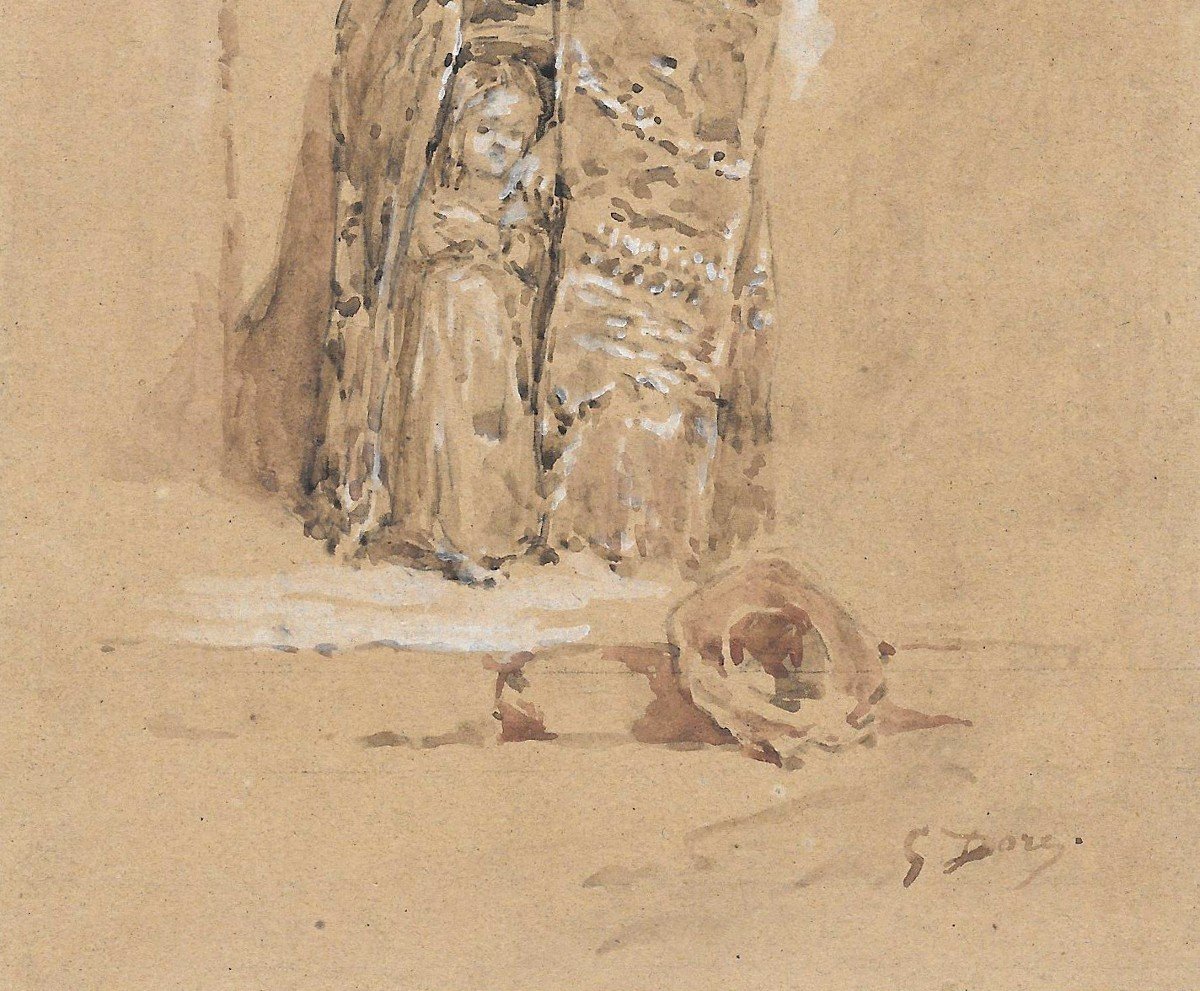 Doré Gustave (1832-1883) "beggar And Little Girl" Drawing/gray Wash, Signed, Beggars Of Burgos-photo-3