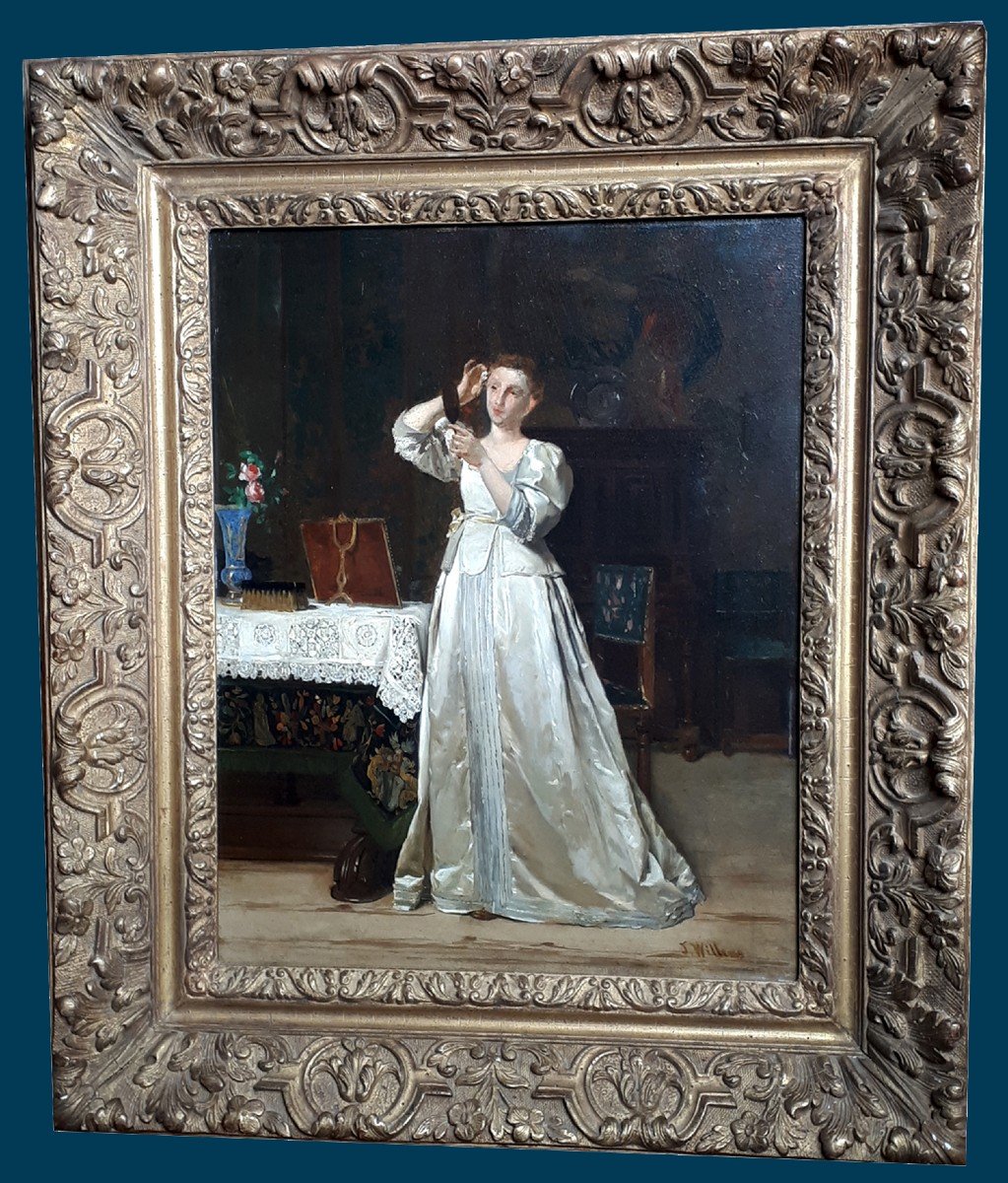 Willems Florent (1823-1905) "elegant In Her Interior" Oil/panel, Signed, Beautiful 19th Century Frame 