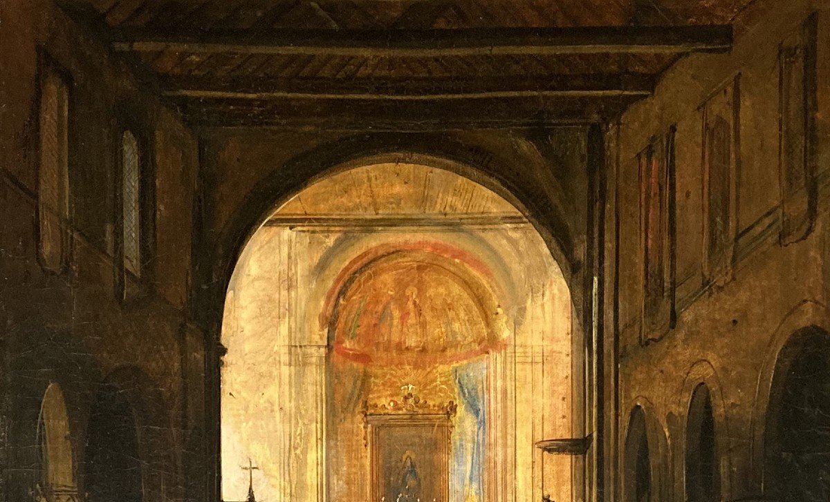 GRANET François-Marius (1775-1849) "Intérieur d'une église" Huile/toile, Signé, Cadre début 19e-photo-2