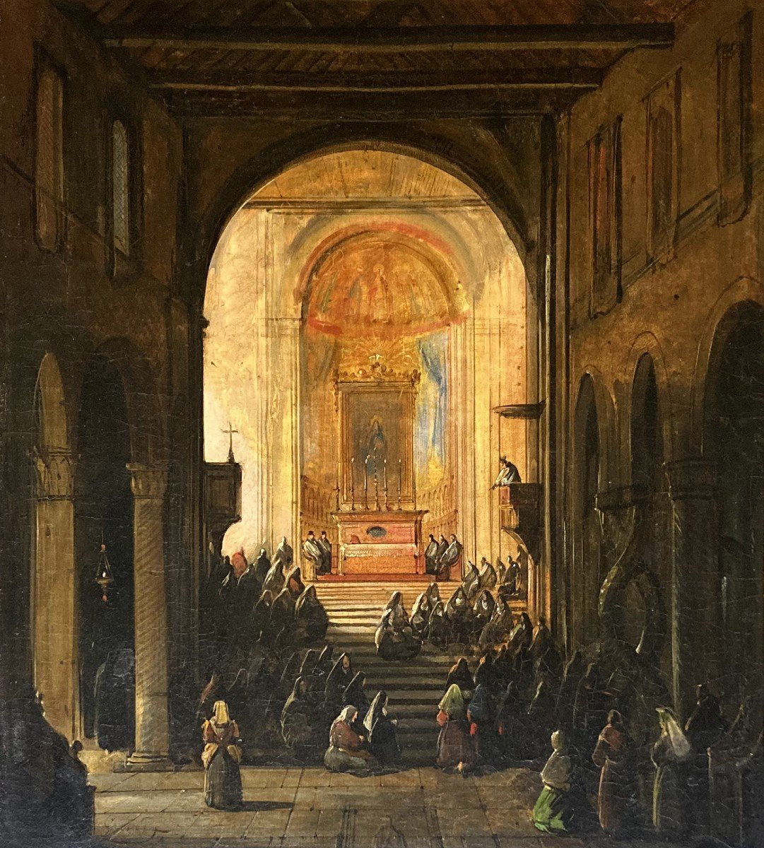 GRANET François-Marius (1775-1849) "Intérieur d'une église" Huile/toile, Signé, Cadre début 19e-photo-4