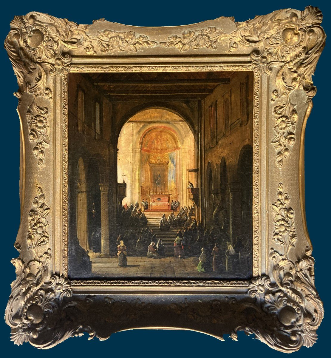 GRANET François-Marius (1775-1849) "Intérieur d'une église" Huile/toile, Signé, Cadre début 19e