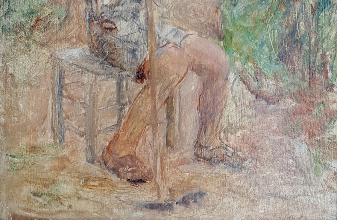 LAMBERTON Joseph (1867-1943) "Jeune homme assis" Huile sur carton, Signé, Cadre du 20e siècle-photo-3