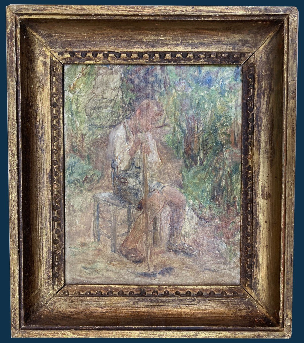 LAMBERTON Joseph (1867-1943) "Jeune homme assis" Huile sur carton, Signé, Cadre du 20e siècle