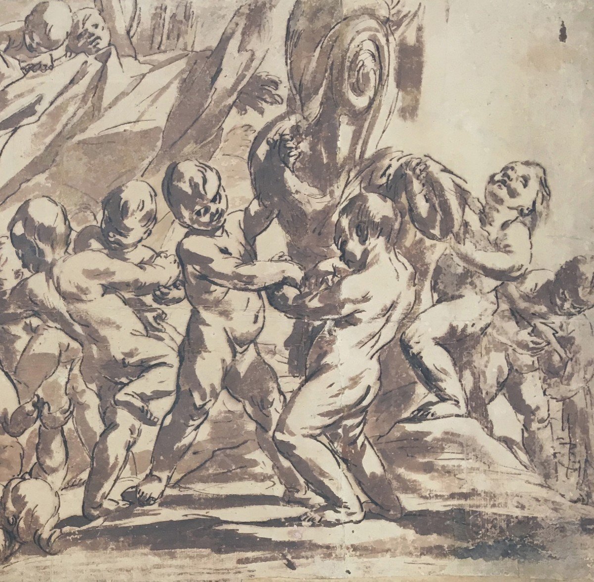 Beinaschi Giovanni Battista (1636-1688) "angelots"large Drawing/pen,brown Wash,museum Of Rennes-photo-3