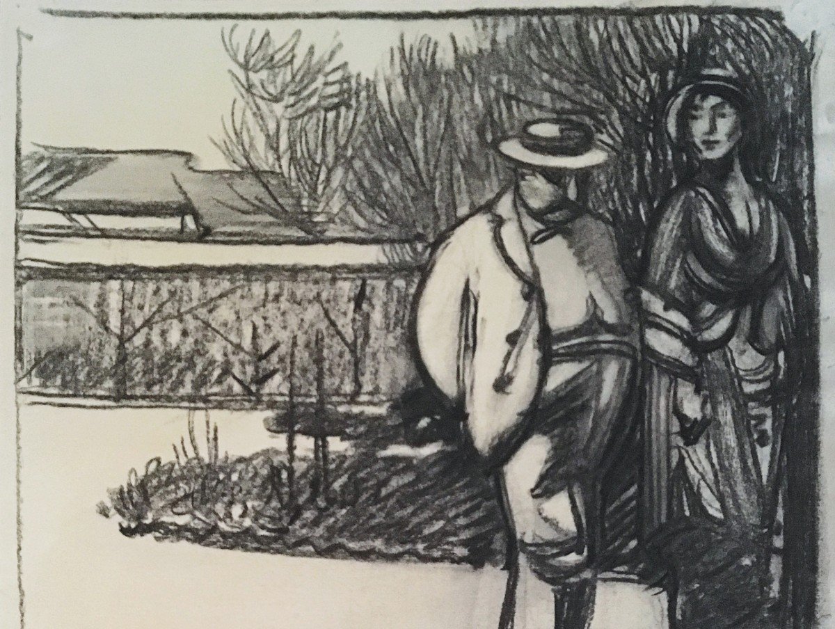 DETHOMAS Maxime (1867-1929) "Couple devant un bassin" Dessin au crayon noir-photo-2