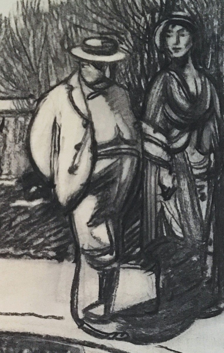 DETHOMAS Maxime (1867-1929) "Couple devant un bassin" Dessin au crayon noir-photo-4