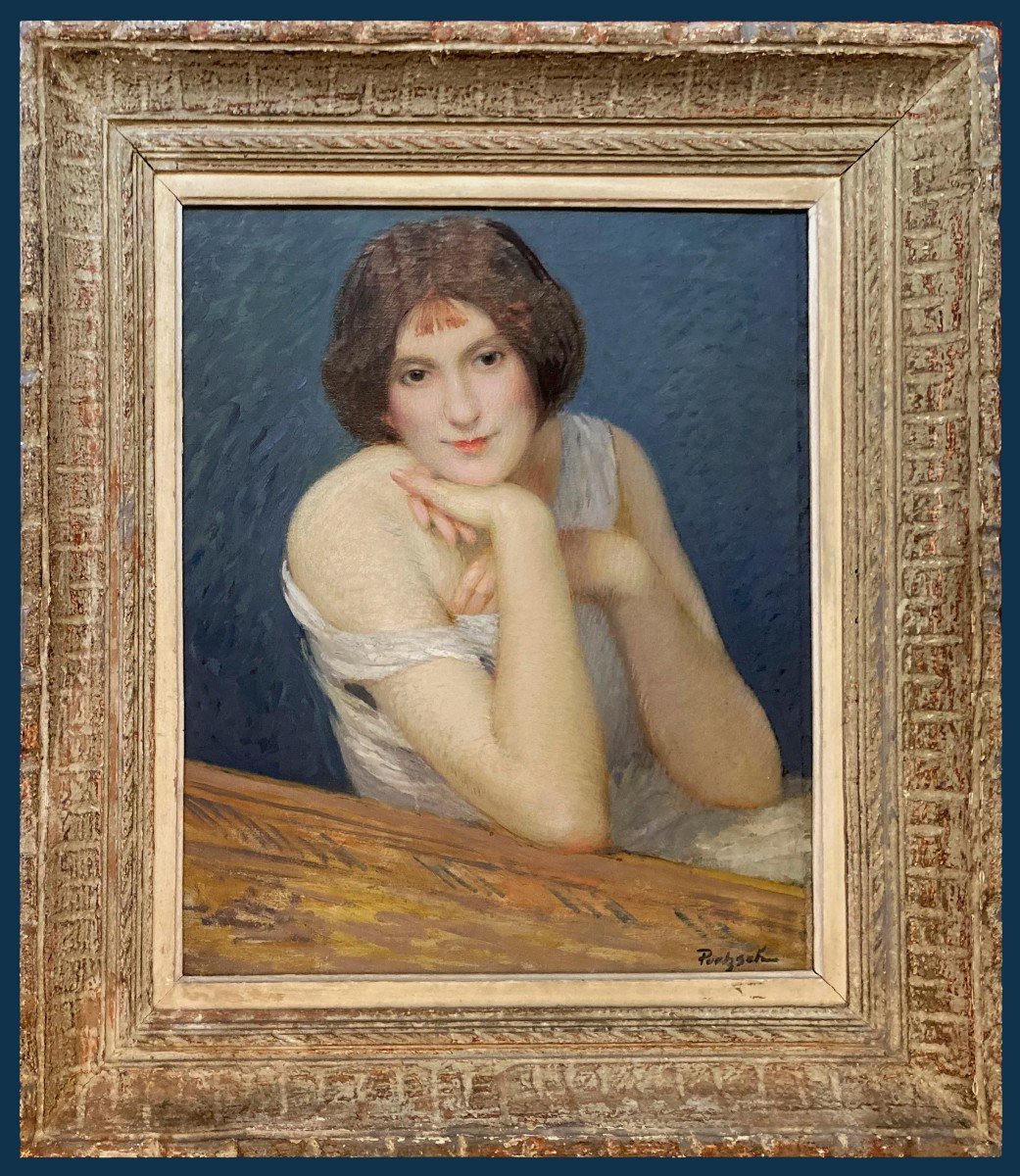 POETZCH Gustave (1870-1950) "Portrait de femme" Huile/Toile,Signé, Joli cadre en bois vers 1920