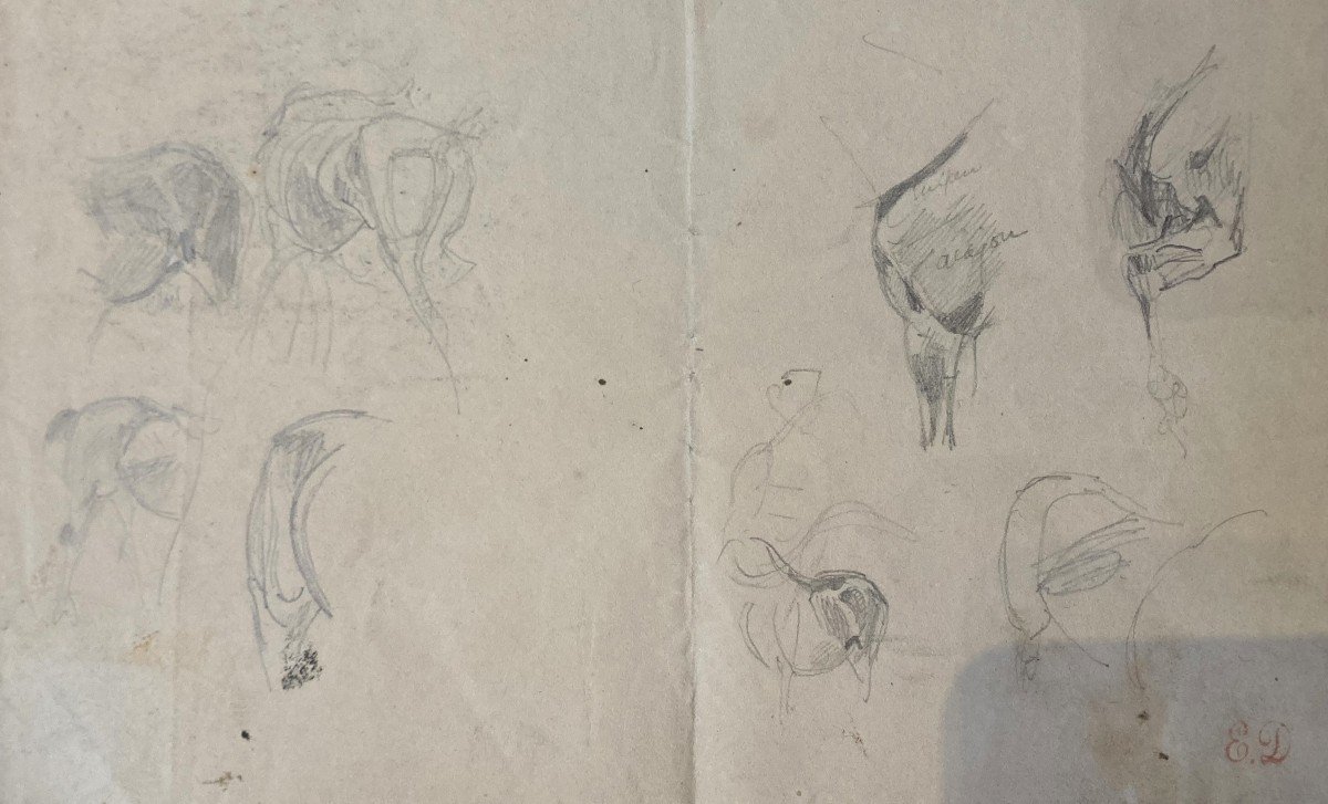 Delacroix Eugène (1798-1863) "studies Of Horses" Drawing/black Pencil, Stamp/sale After Death-photo-2