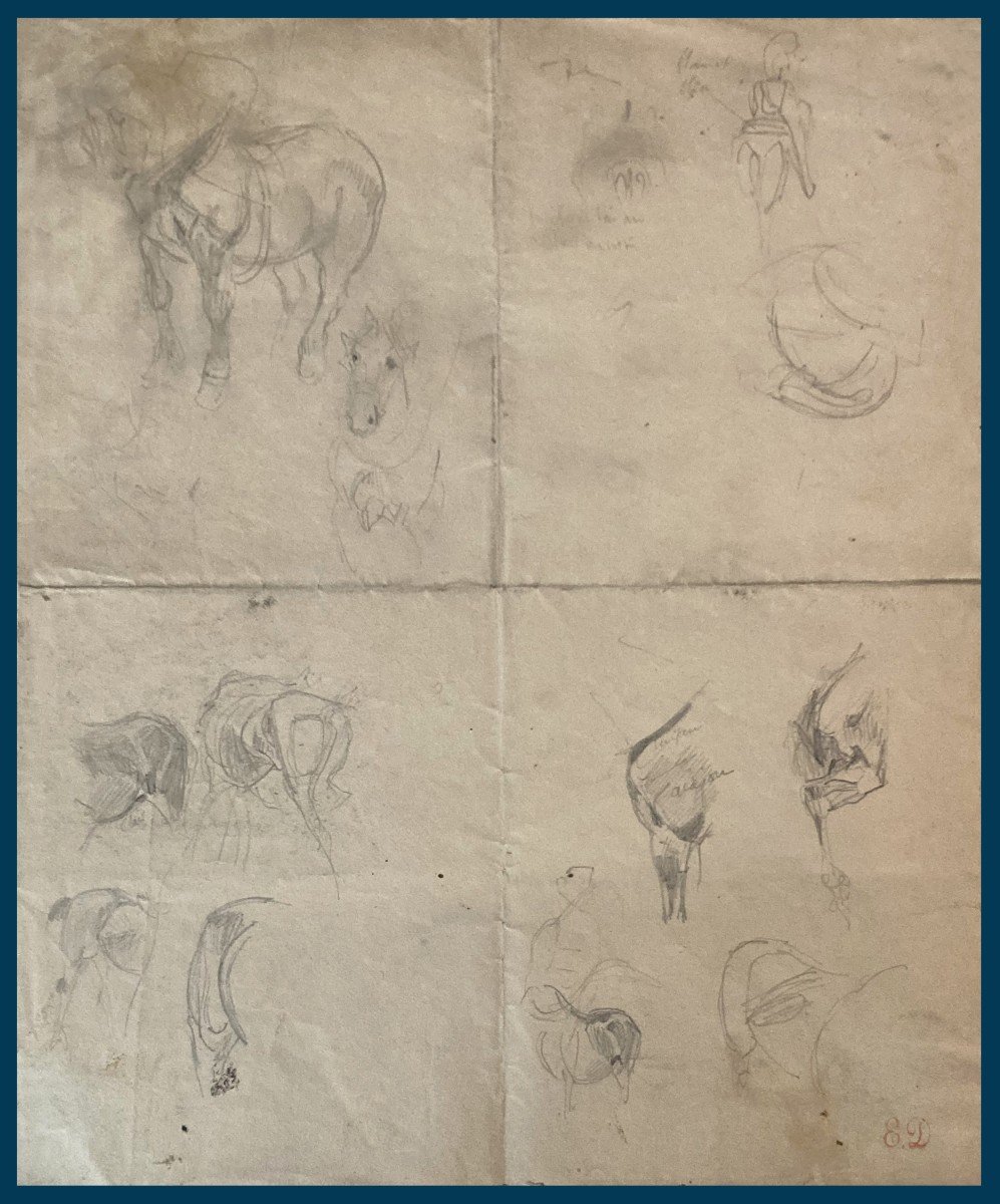 Delacroix Eugène (1798-1863) "studies Of Horses" Drawing/black Pencil, Stamp/sale After Death