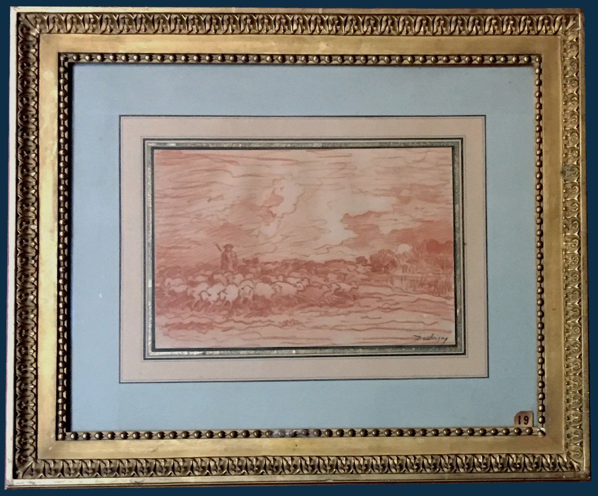 DAUBIGNY Charles François (1817-1878) "Paysage berger et moutons" Dessin/Crayon sanguine, Signé