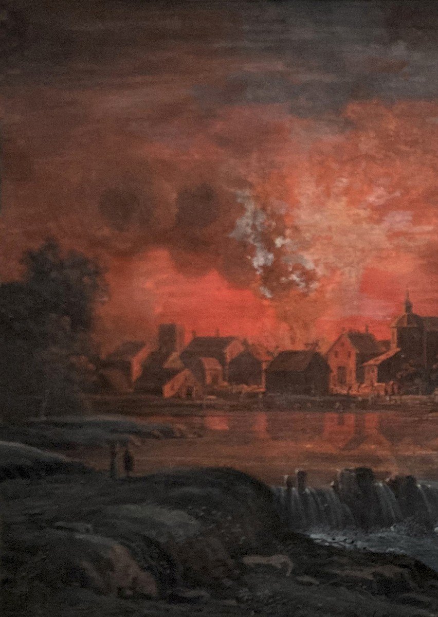 AGRICOLA Christoph-Ludwig (1665-1719) ECOLE ALLEMANDE "Un incendie" Dessin/Gouache sur vélin-photo-2