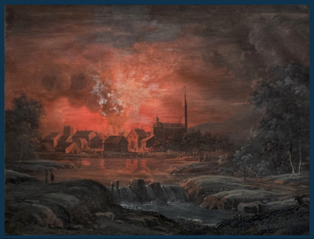 AGRICOLA Christoph-Ludwig (1665-1719) ECOLE ALLEMANDE "Un incendie" Dessin/Gouache sur vélin