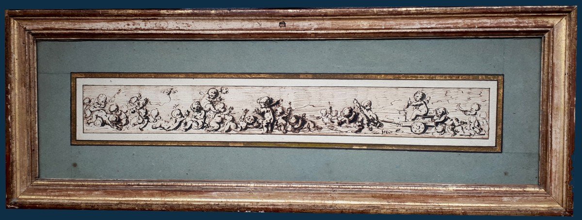 French School 18th Century "putti" Pen Drawing, Frame From Late 18th Century