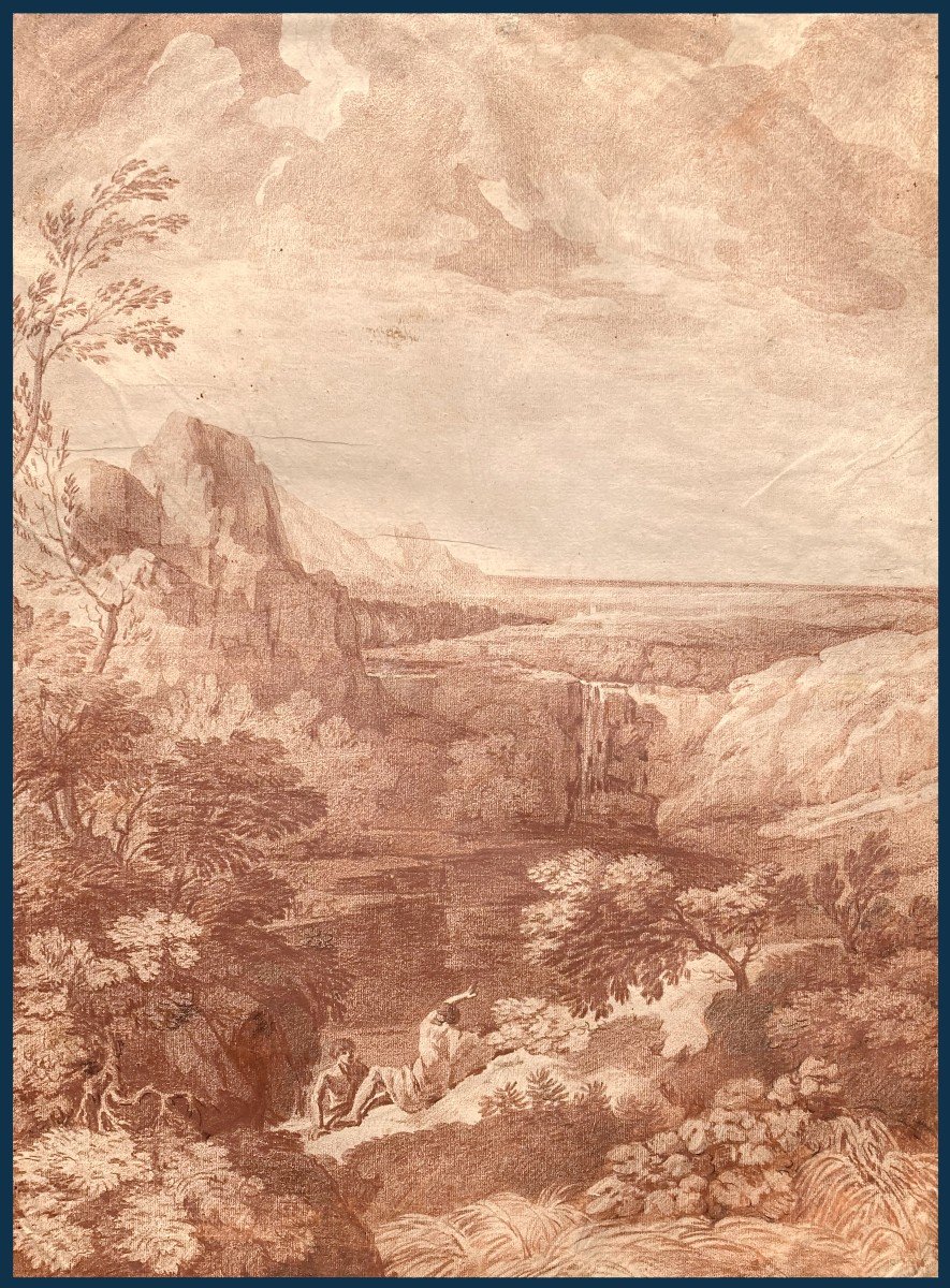 ECOLE FRANCAISE 18E Attribution à Louis CHAYS "Paysage à la rivière" Dessin au crayon sanguine