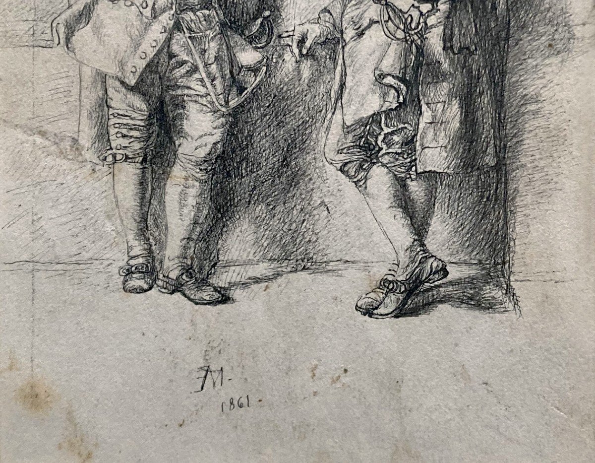 Meissonier Ernest (1815-1891) "musketeers" Pen Drawing, Monogrammed And Dated-photo-3