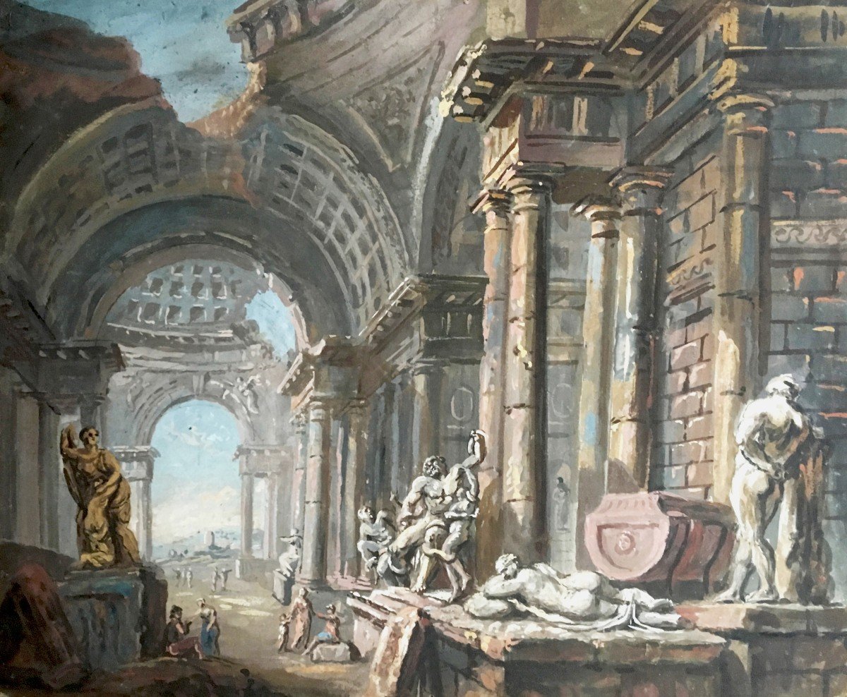 Servandoni Giovanni Nicolas (1695-1766) Attr. To, "architecture Of Fantasy" Gouache, Frame 19th-photo-2