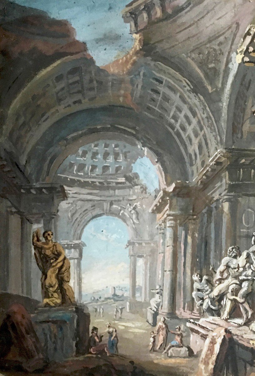 Servandoni Giovanni Nicolas (1695-1766) Attr. To, "architecture Of Fantasy" Gouache, Frame 19th-photo-3