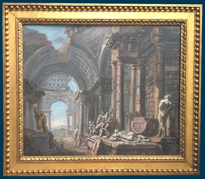 Servandoni Giovanni Nicolas (1695-1766) Attr. To, "architecture Of Fantasy" Gouache, Frame 19th