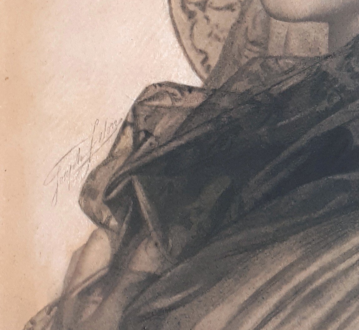 Felon Joseph (1818-1896) "portrait Of A Woman" Drawing/black Pencil And Pastel, Signed-photo-4