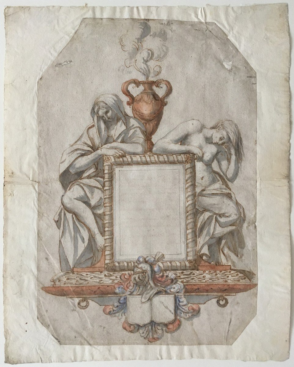 Italian School 17th Century "frontispiece Project" Pen Drawing, Gray Wash And Watercolor-photo-4