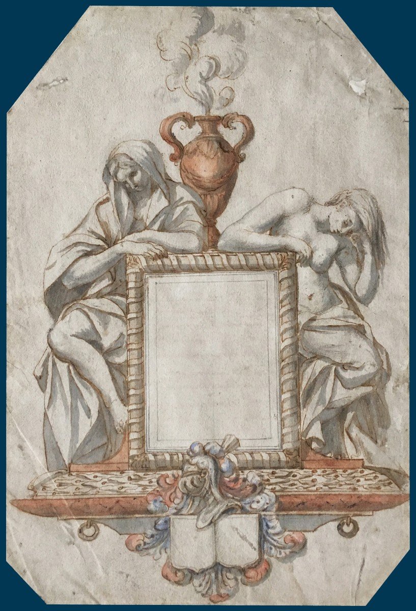 Italian School 17th Century "frontispiece Project" Pen Drawing, Gray Wash And Watercolor