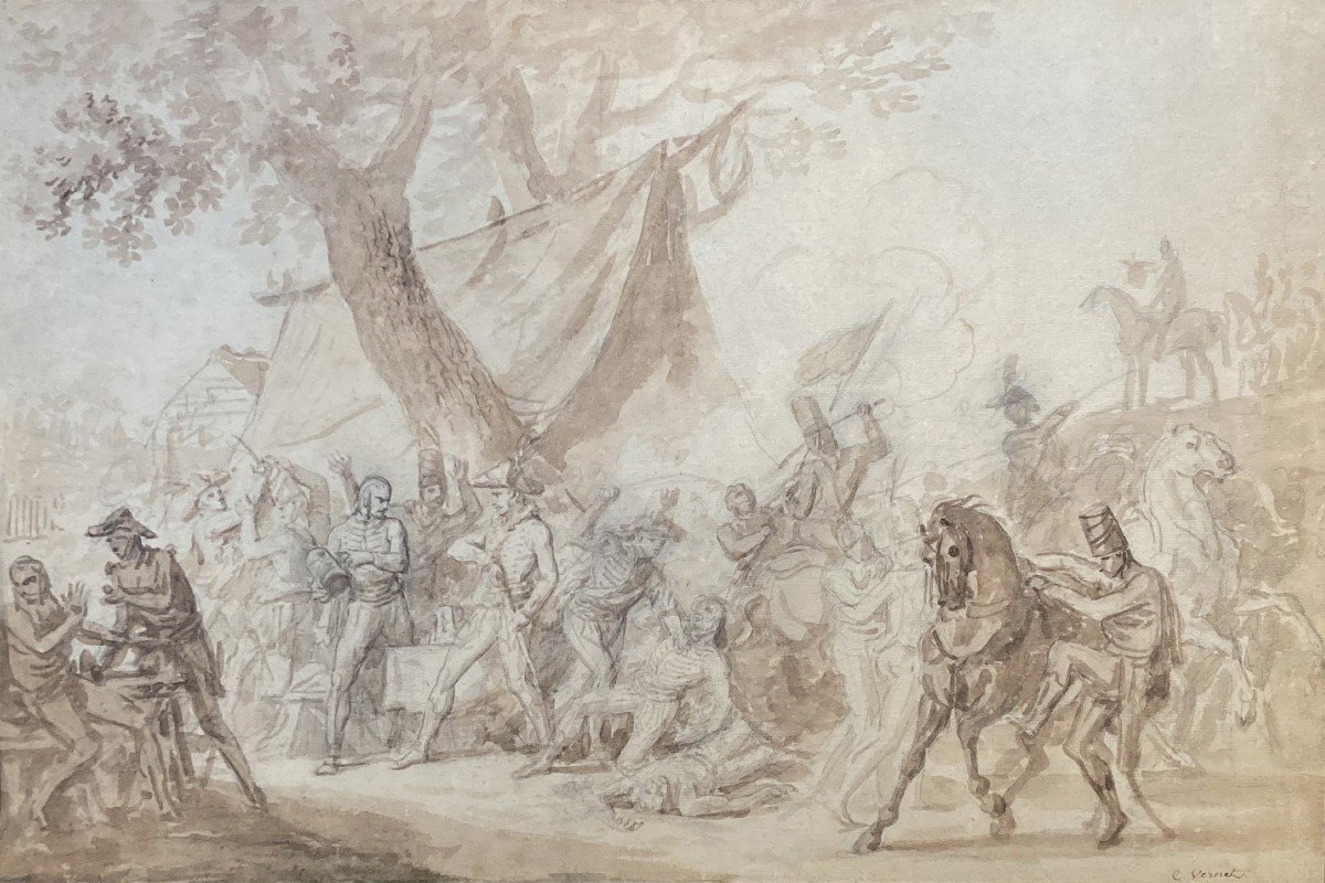 VERNET Carle (1758-1836) "Scène de bataille" Dessin au lavis brun, Cadre du 19e siècle-photo-2