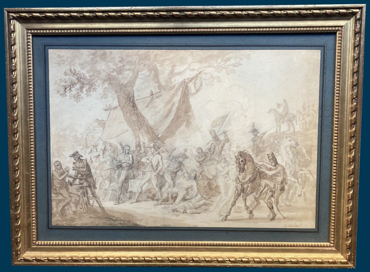 VERNET Carle (1758-1836) "Scène de bataille" Dessin au lavis brun, Cadre du 19e siècle