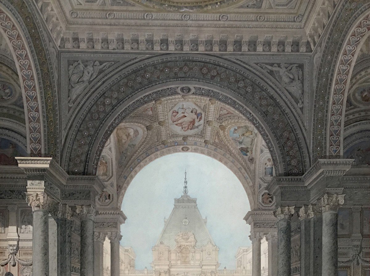 CALLIAT Victor (1801-1881) "Vue de l'entrée d'un musée imaginaire" Dessin/Plume,aquarelle,signé-photo-2