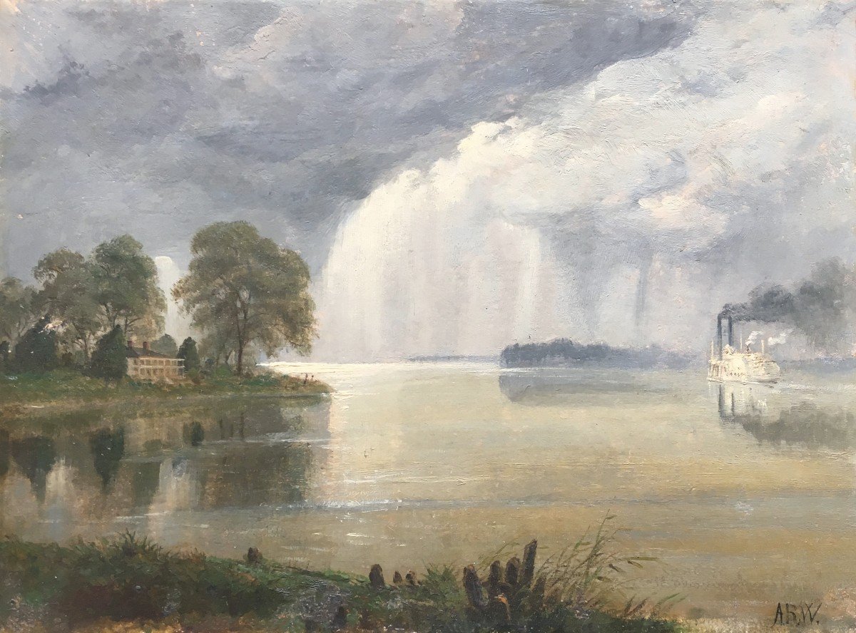 WAUD Alfred Rudolph(1828-1891) Ecole Américaine "Bateau sur le Mississipi et orage"Huile/Carton-photo-2