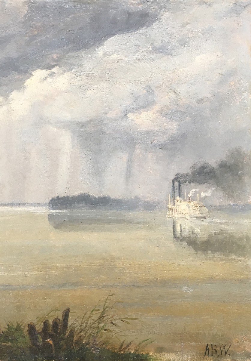 WAUD Alfred Rudolph(1828-1891) Ecole Américaine "Bateau sur le Mississipi et orage"Huile/Carton-photo-4