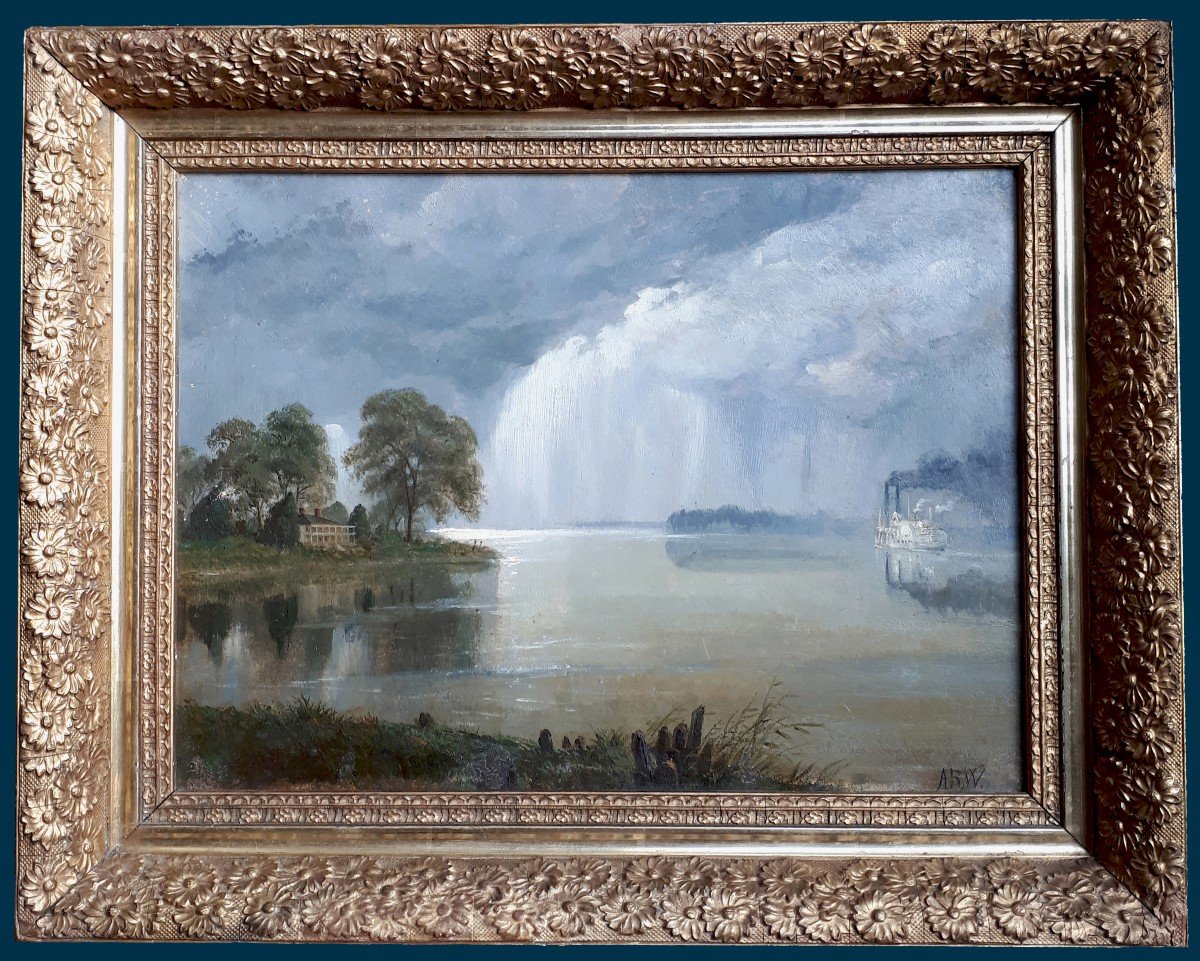 WAUD Alfred Rudolph(1828-1891) Ecole Américaine "Bateau sur le Mississipi et orage"Huile/Carton