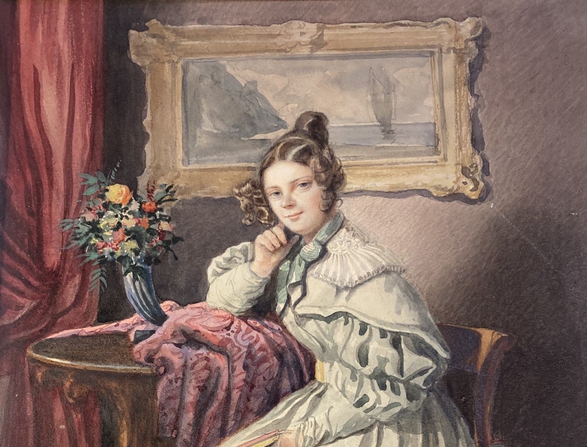 DUTERTRE Louis (1796-1849) "Femme tenant un livre" Aquarelle, Signé-photo-2