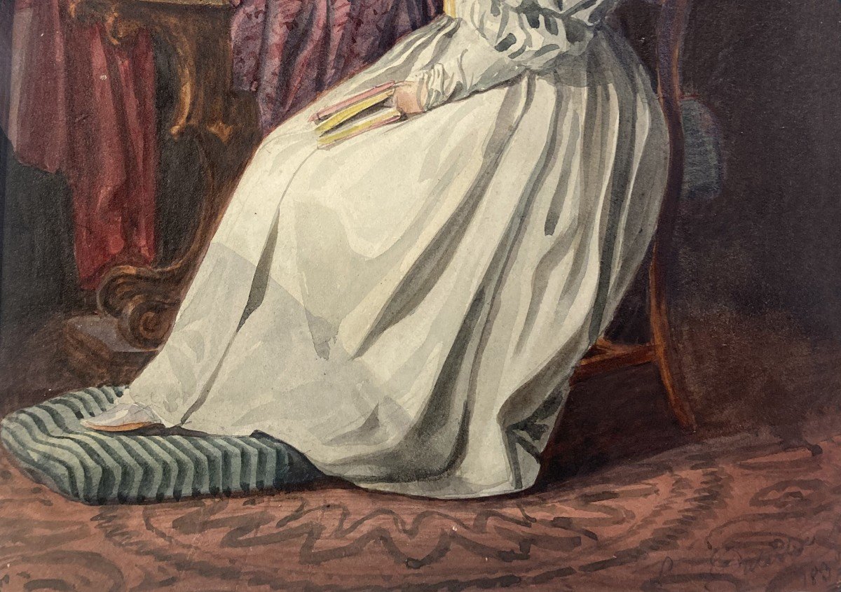 DUTERTRE Louis (1796-1849) "Femme tenant un livre" Aquarelle, Signé-photo-3