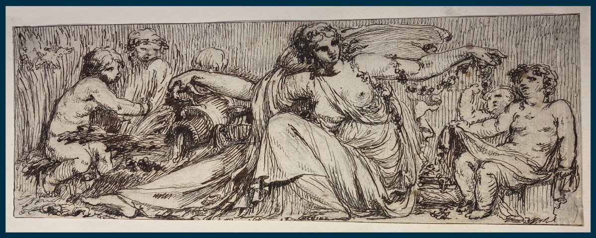 French School Late 18th Century "venus And The Cupids" Pen Drawing