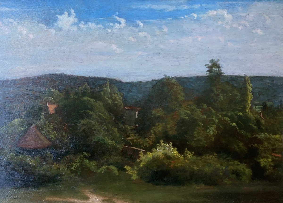 FLANDRIN Paul (1811-1902) "Paysage" Huile sur panneau d'acajou, Signé, Cadre du 19e-photo-2