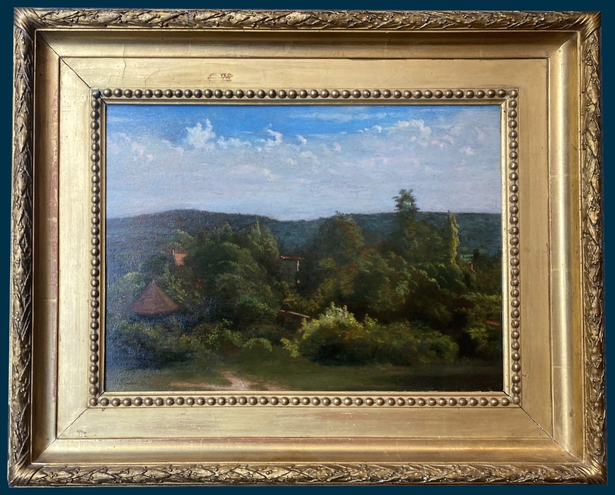 Flandrin Paul (1811-1902) "landscape" Oil On Mahogany Panel, Signed, 19th Century Frame