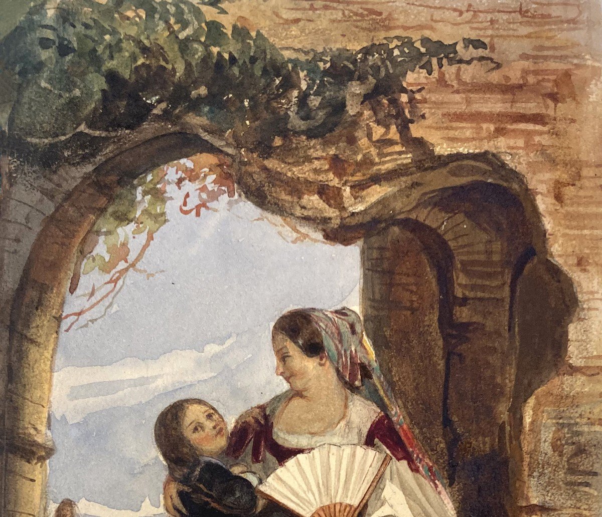 BOULANGER Elisa 19E SIECLE (Vers 1830) "Femme à l'éventail et enfant" Dessin/Aquarelle, Signé-photo-2