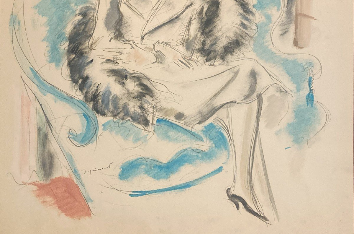 DIGNIMONT André (1891-1965) "L'élégante" Grand dessin à la gouache et aquarelle, Signé-photo-3