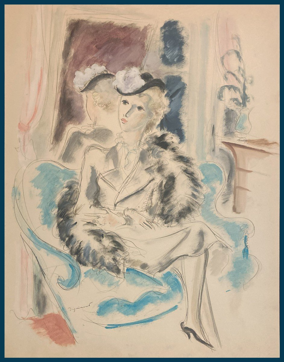 DIGNIMONT André (1891-1965) "L'élégante" Grand dessin à la gouache et aquarelle, Signé