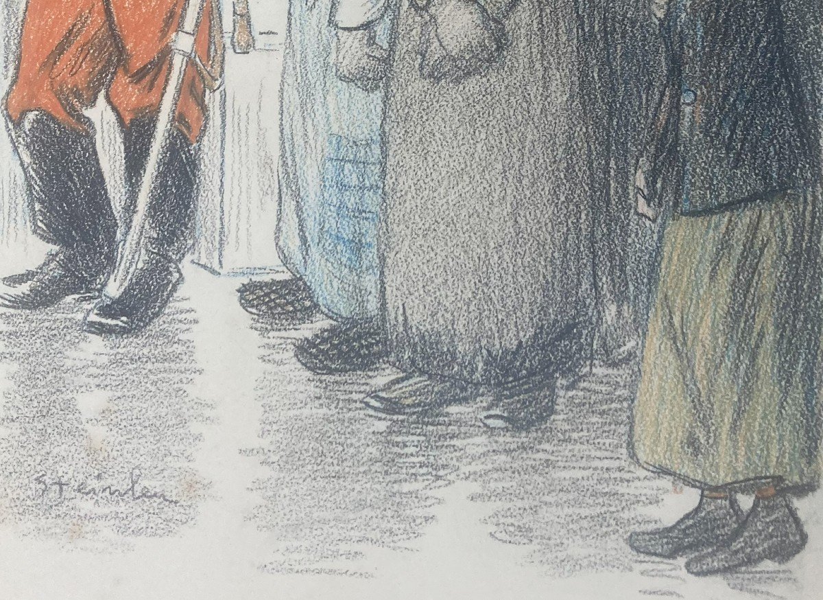 Steinlen Théophile Alexandre (1859-1923) "street Scene" Drawing/black Pencil And Color, Signed-photo-4