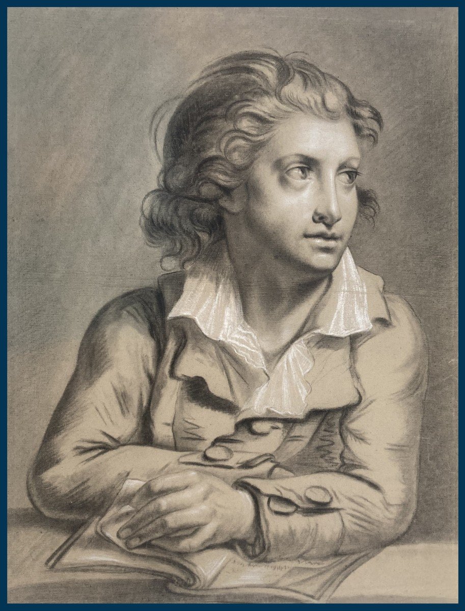 ECOLE FRANCAISE FIN DU 18E "Portrait de jeune homme" Grand Dessin/Pierre noire et craie blanche