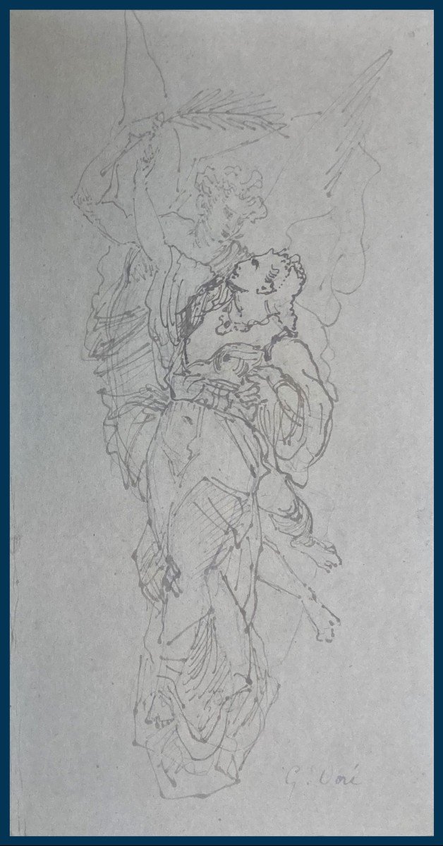 Doré Gustave (1832-1883) "woman And Angel Entwined" Pen Drawing, Signed