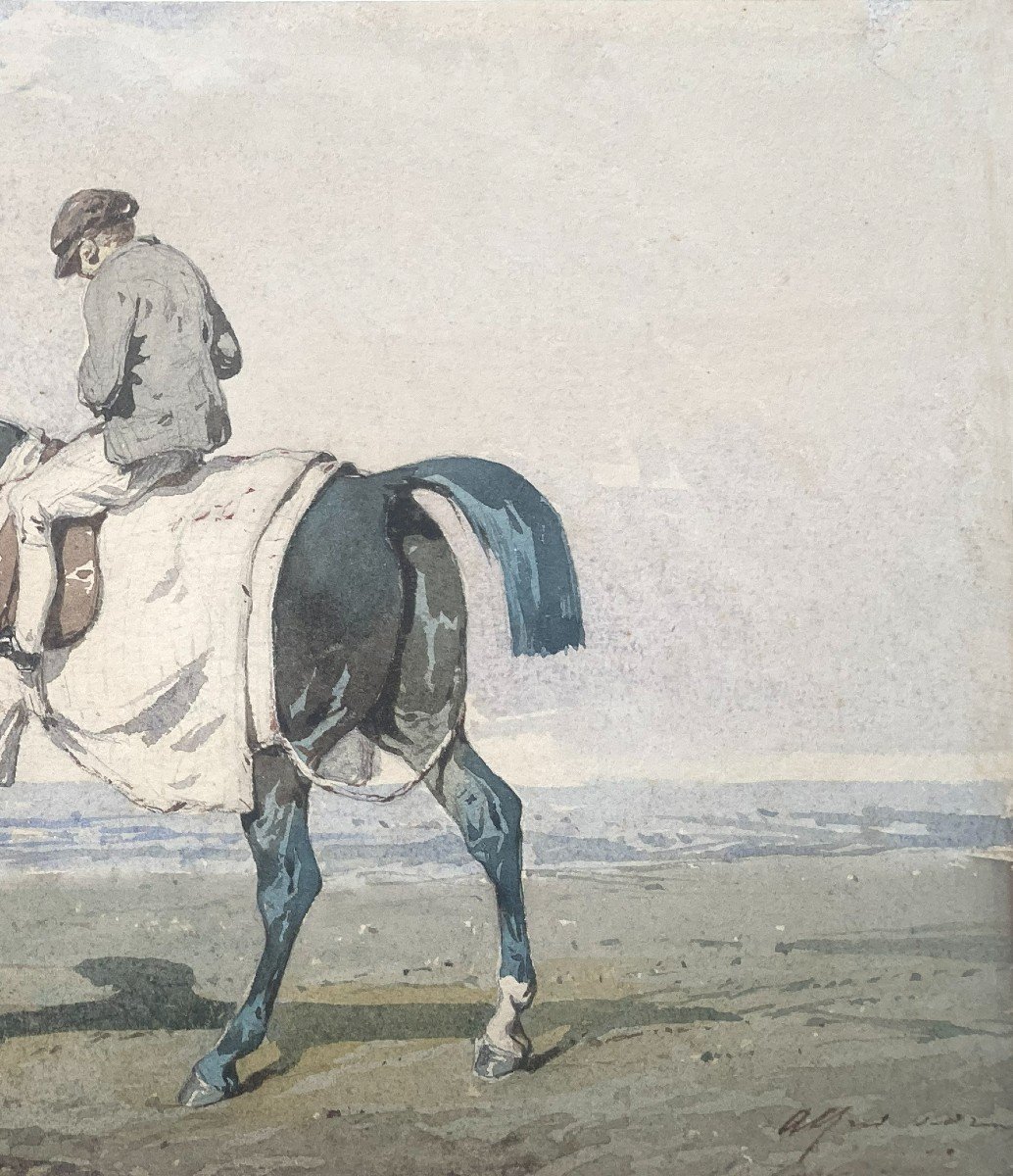 DREUX Alfred de (1810-1860) "Le Jockey" Dessin/Aquarelle, Signé, Cadre du 19e-photo-3