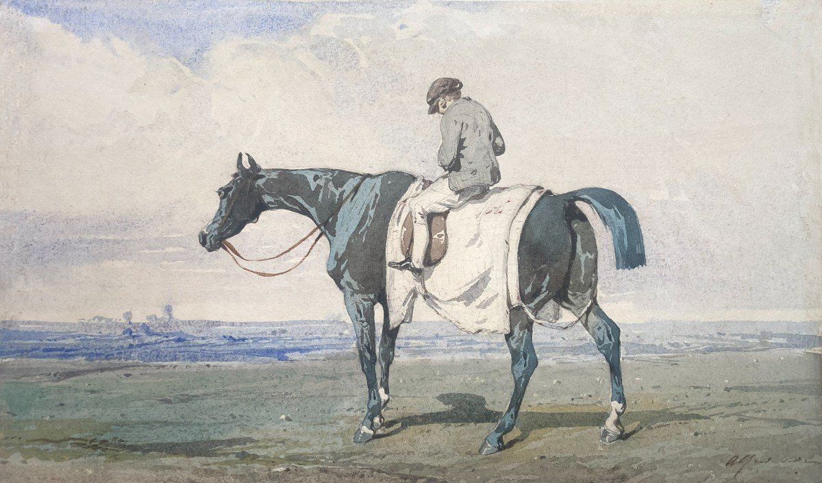 DREUX Alfred de (1810-1860) "Le Jockey" Dessin/Aquarelle, Signé, Cadre du 19e