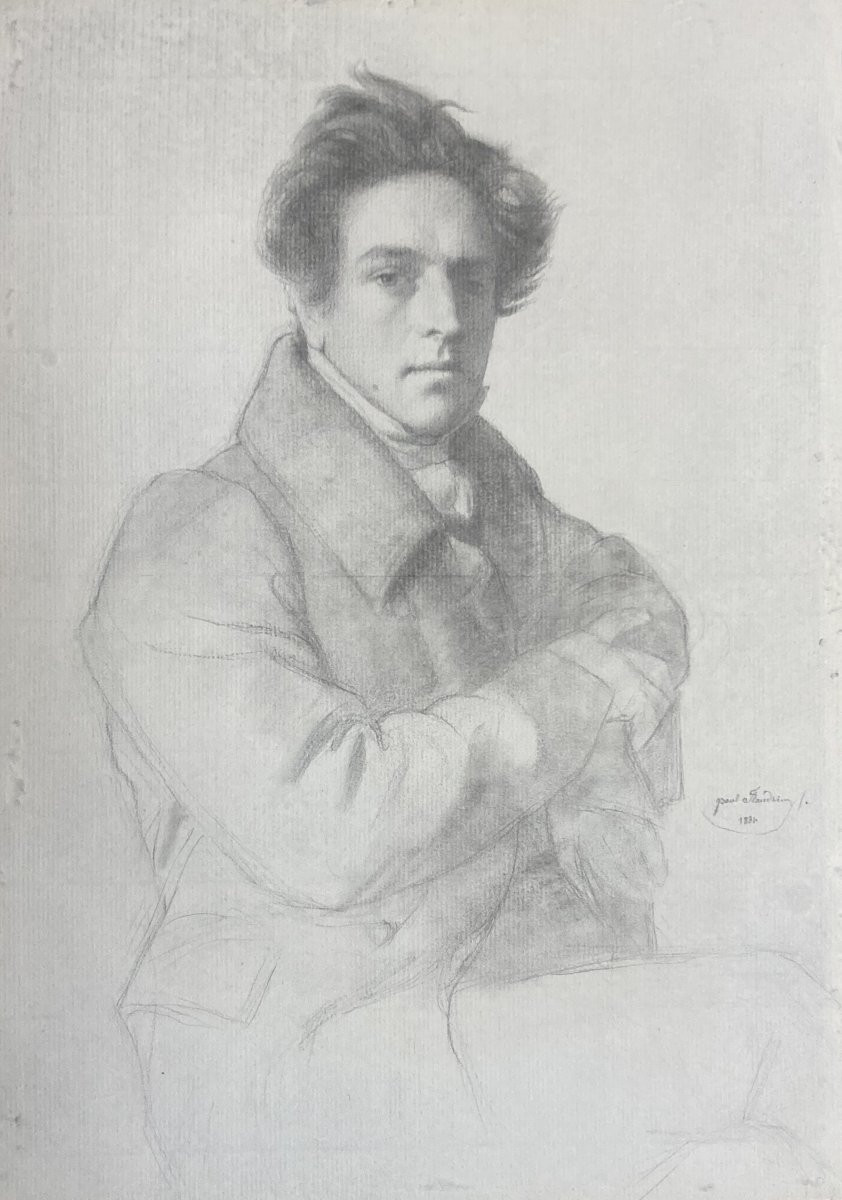 Flandrin Paul (1811-1902) "portrait Of A Man" Black Pencil Drawing, Signed And Dated, 19th Century Frame-photo-2