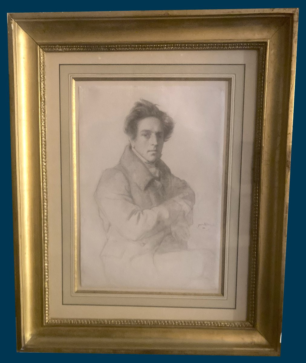 Flandrin Paul (1811-1902) "portrait Of A Man" Black Pencil Drawing, Signed And Dated, 19th Century Frame-photo-4